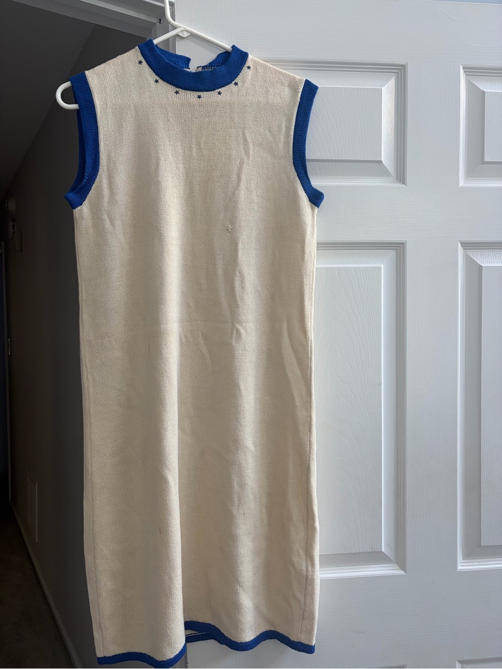 Rare St. John Cream Knit Sleeveless Midi Dress with Blue Trim and Star Accents